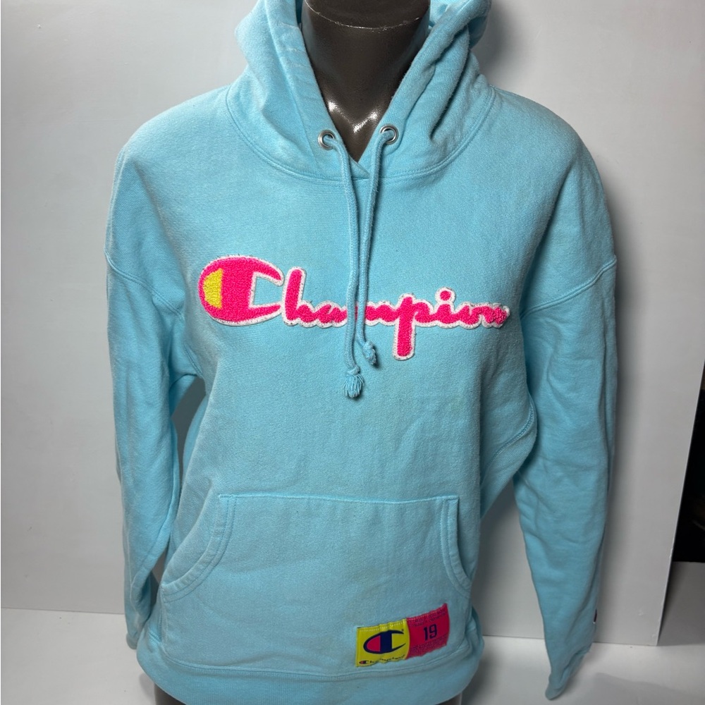 Champion Light Blue Hoodie with Pink & Yellow Logo